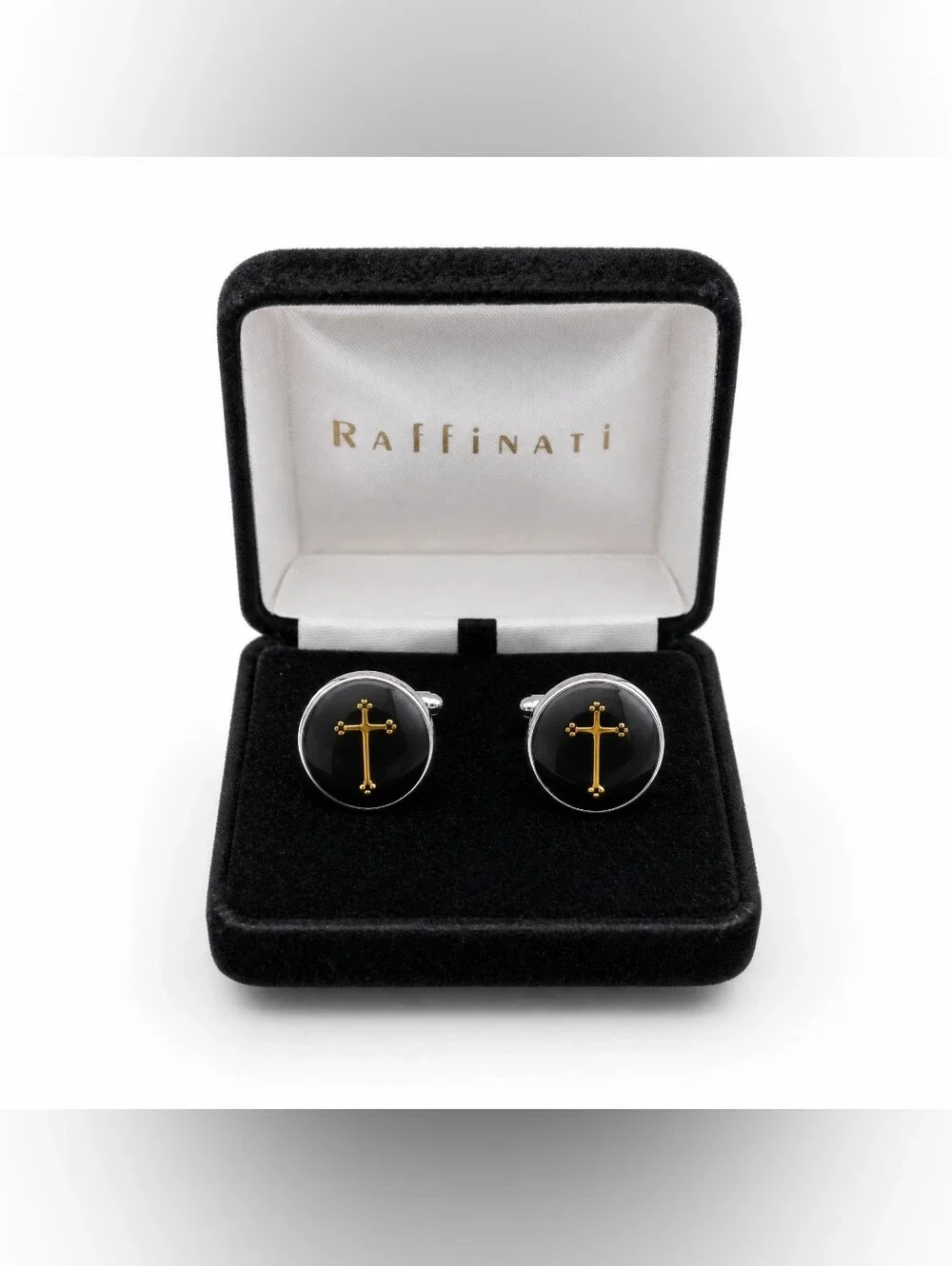 Raffinati Black & Gold Religious Cross Round Silver Tone Cufflinks